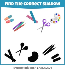 Educational game for children. Find the correct shadow. School supplies. Mini-game for children.