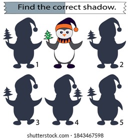 Educational game for children. Find the correct shadow. Penguin with a Christmas tree. Hand drawn. Colored vector illustration.