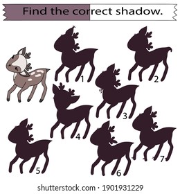 Educational game for children. Find the correct shadow. Fawn. Hand drawn. Colored vector illustration.