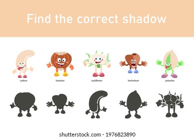 Educational game for children. Find the correct shadow. Preschool worksheet. Cartoon nuts and vegetable. Collection of learning games.
