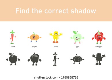 Educational game for children. Find the correct shadow. Preschool worksheet. Cartoon carrot, pumpkin, cheese, apple, pepper. Collection of educational games.