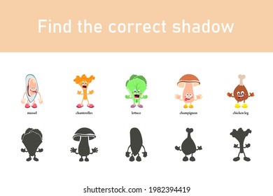 Educational game for children. Find the correct shadow. Preschool worksheet. Cartoon mussel, chanterelles, lettuce, champignon, chicken legs. Collection of educational games.