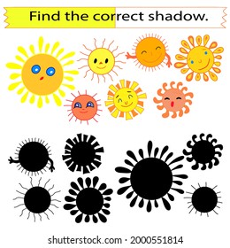 Juego educativo para niños. Encuentra la sombra correcta. Un juego de soles divertidos. Dibujado a mano. Ilustración vectorial coloreada.