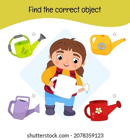 Juego educativo para niños. Buscar el objeto correcto. Los niños se animan con una linda chica con una lata de agua en sus manos.