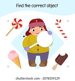 Educational  game for children. Find the correct object. Kids activity with cute boy with lollipop.