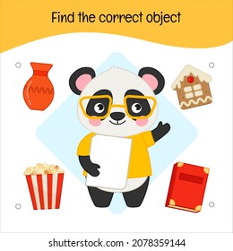 Educational  game for children. Find the correct object. Kids activity with cute panda.