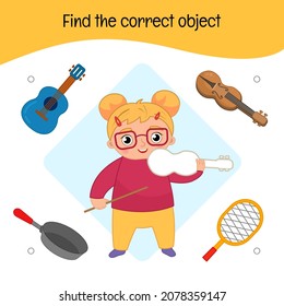 Educational  game for children. Find the correct object. Kids activity with cute violin girl.