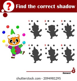 Educational game for children. Find the correct shadow. Cute tiger clown. Cartoon vector illustration for children