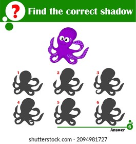 Educational game for children. Find the correct shadow. Cute octopus. Cartoon vector illustration for children