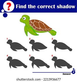 Educational Game For Children. Find The Correct Shadow. Cute Sea Turtle