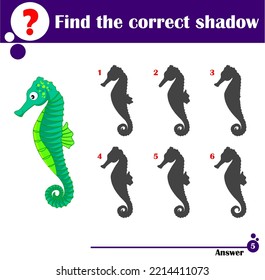 Educational game for children. Find the correct shadow. Cute sea horse. Cartoon vector illustration for children