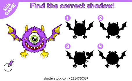 Educational game for children. Find the correct shadow. Cartoon monster. Vector illustration.