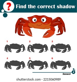 Educational game for children. Find the correct shadow. Cute crab. Cartoon vector illustration for children