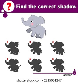 Educational game for children. Find the correct shadow. Cute elephant. Cartoon vector illustration for children