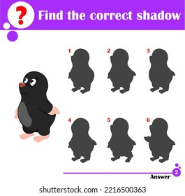 Educational game for children. Find the correct shadow. Cute mole. Cartoon vector illustration for children