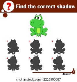Juego educativo para niños. Encuentra la sombra correcta. Rana dulce. Ilustración vectorial de dibujos animados para niños