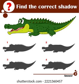 Educational game for children. Find the correct shadow. Cute crocodile