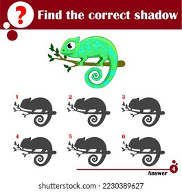 Educational game for children. Find the correct shadow. Cute chameleon