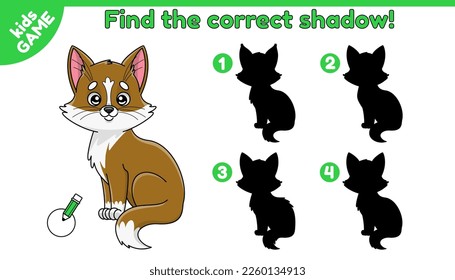 Erziehungsspiel für Kinder. Finden Sie den richtigen Schatten der Cartoon-Katze. Aktivitätsblatt für Kinder und Schulkinder im Kindergarten. Cute Vektorgrafik.