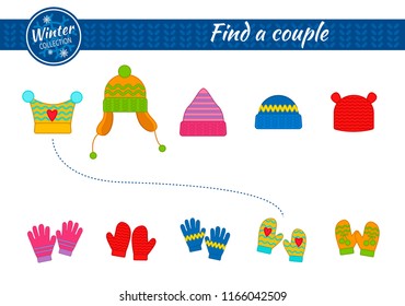 Educational  game for children. Find the couple. Kids activity with winter caps and mittens.