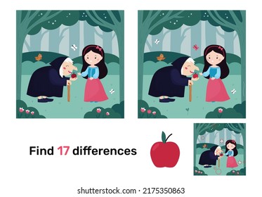 Educational game for children. Find differences. Snow White princess and witch. Kawaii cartoon characters. Classical fairy tale. Puzzle for kids. Vector illustration.