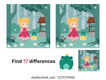 Educational game for children. Find differences. Classical fairy tale King Frog. Princess with prince frog. Cartoon kawaii characters. Puzzle for kids. Vector illustration.