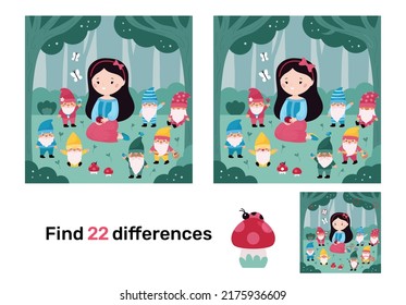 Erziehungsspiel für Kinder. Finden Sie Unterschiede. Schneeweiß und sieben Zwerge Märchen. Kawaii-Zeichentrickfiguren. Puzzle für Kinder. Vektorgrafik.