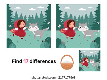 Educational game for children. Find differences. The Little Red Riding Hood and gray wolf. Classical fairy tale. Puzzle for kids. Cartoon kawaii characters. Vector illustration.