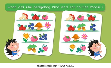 Educational game for children. Find the differences. Activities for children. Vector illustration. Hedgehog in forest. 