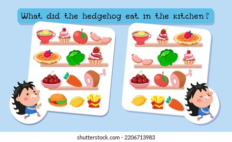 Educational game for children. Find the differences. Activities for children. Vector illustration. Hedgehog and food. 