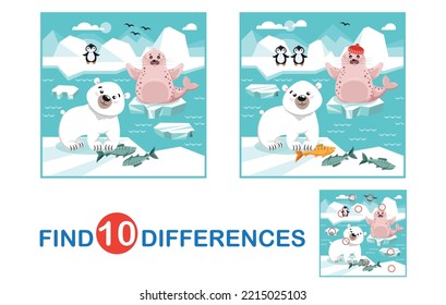 Educational game for children. Find differences. Cute arctic animals in winter