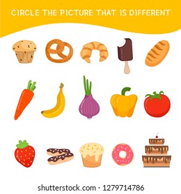 Educational  game for children. Find the different pictures. Kids activity with cartoon food.