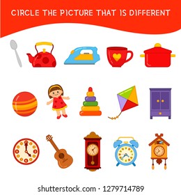 Educational  game for children. Find the different pictures. Kids activity with cartoon objects..