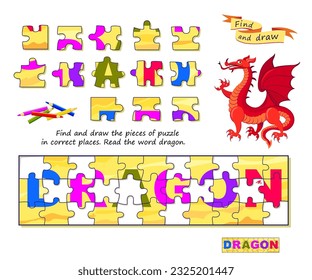 Educational game for children. Find and draw the pieces of puzzle in correct places. Read the word dragon. Page for kids brain teaser book. Coloring book. Developing spatial thinking. Vector image.