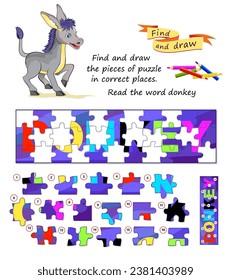 Educational game for children. Find and draw the pieces of puzzle in correct places. Read the word donkey. Page for kids brain teaser book. Coloring book. Developing spatial thinking. Vector image.