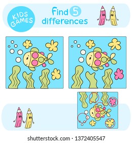 Educational game for children - find five (5) differences, preschool activity, cartoon vector sea animal - the colorful fish is smiling in the blue ocean  