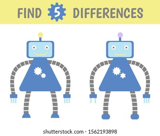 Educational game for children find five differences. Game with robots. Vector illustration.