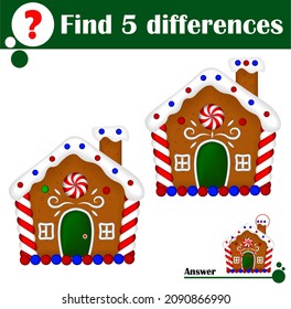 Erziehungsspiel für Kinder. Finden Sie fünf Unterschiede. Helle Weihnachtsgingerbrot House Cartoon Vektorgrafik für Kinder
