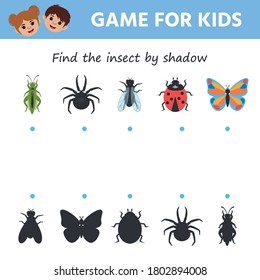 Juego educativo para niños. Encuentra el insecto a la sombra. Conjunto de caracteres graciosos: mariposa, araña, saltamontes, mariquita. Ilustración vectorial para niños