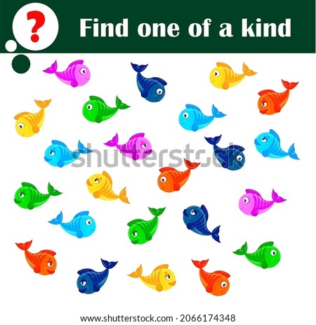 Educational game for children. Find one of a kind. A set of cute colorful fish. Cartoon vector illustration for kids