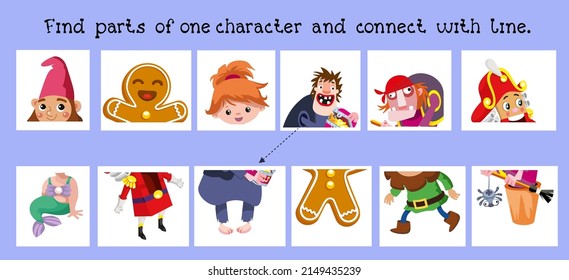 Educational game for children. Find parts of one character and connect with line. Cartoon characters. Vector illustration.