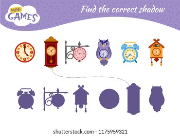 Educational  game for children. Find the right shadow. Kids activity with cartoon clock.