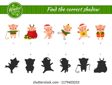 Educational  game for children. Find the right shadow. Kids activity with cartoon pigs in different poses.
