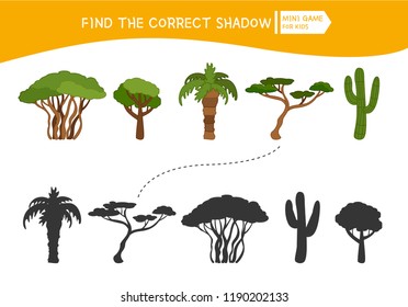 Educational  game for children. Find the right shadow. Kids activity with exotic plants.
