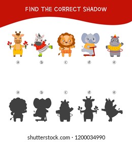 Educational  game for children. Find the right shadow. Kids activity with cartoon animals.