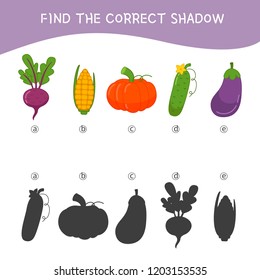 Educational  game for children. Find the right shadow. Kids activity with cartoon vegetables.