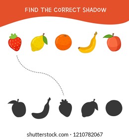 Educational  game for children. Find the right shadow. Kids activity with cartoon fruits.