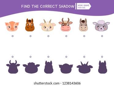 Educational  game for children. Find the right shadow. Kids activity with cartoon head of animals.