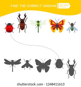 Educational  game for children. Find the right shadow. Kids activity with cartoon insects.