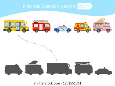 Educational  game for children. Find the right shadow. Kids activity with cartoon transport.